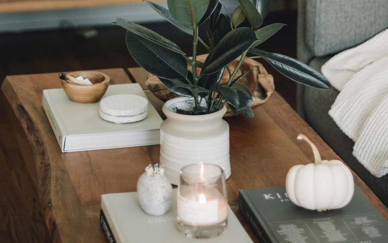 coffee table decorated with books, a potted plant, a candle and other knick-knacks